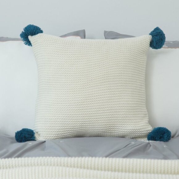 SOGA 2X 45cm Ribbed Knit Pillowcase with Pom-Poms (Cream White) - Picture 1 of 7